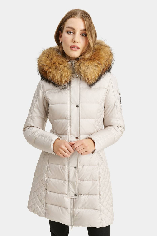 ROCKANDBLUE BEAM BEIGE 90 cm - Damski puchowy płaszcz z kapturem o bardzo wąskim kroju