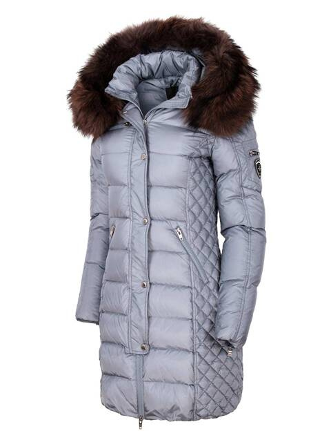 ROCKANDBLUE BEAM GREY BLUE 90 cm - Damski puchowy płaszcz z kapturem o bardzo wąskim kroju