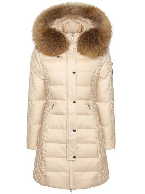 ROCKANDBLUE BEAM IVORY 90 cm - Damski puchowy płaszcz z kapturem o bardzo wąskim kroju