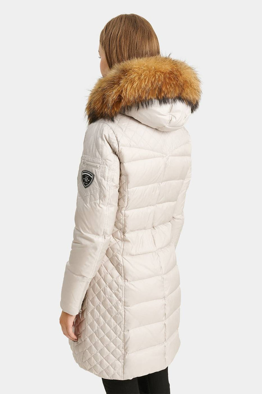 ROCKANDBLUE BEAM BEIGE 90 cm - Damski puchowy płaszcz z kapturem o bardzo wąskim kroju