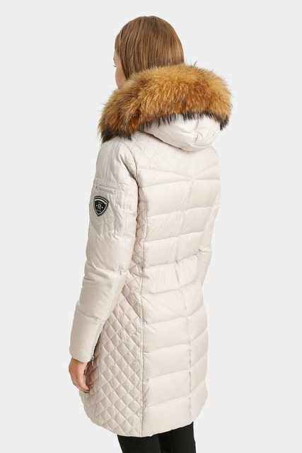 ROCKANDBLUE BEAM BEIGE 90 cm - Damski puchowy płaszcz z kapturem o bardzo wąskim kroju