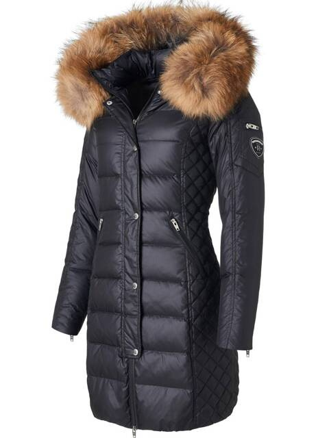 ROCKANDBLUE BEAM BLACK 90 cm - Damski puchowy płaszcz z kapturem o bardzo wąskim kroju