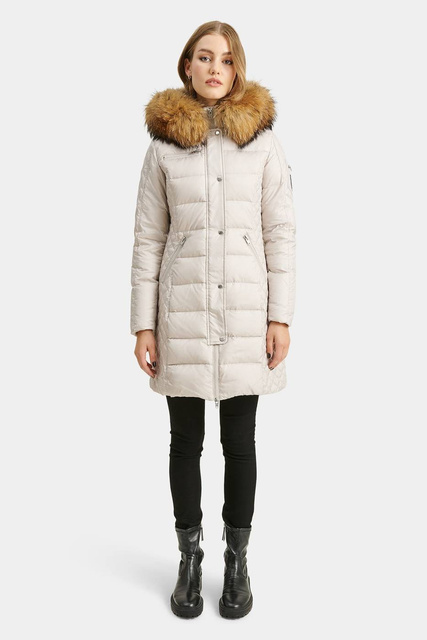 ROCKANDBLUE BEAM BEIGE 90 cm - Damski puchowy płaszcz z kapturem o bardzo wąskim kroju