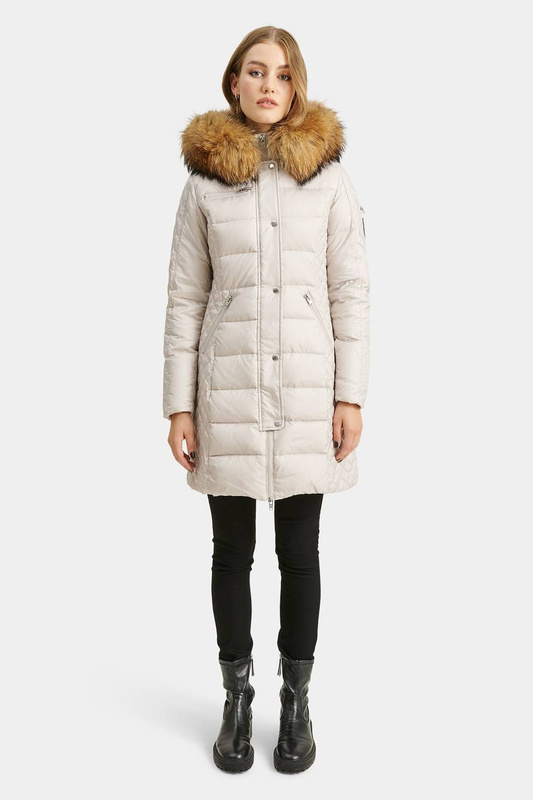 ROCKANDBLUE BEAM BEIGE 90 cm - Damski puchowy płaszcz z kapturem o bardzo wąskim kroju