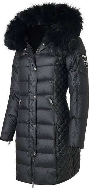 ROCKANDBLUE BEAM BLACK 90 cm - Damski puchowy płaszcz z kapturem o bardzo wąskim kroju