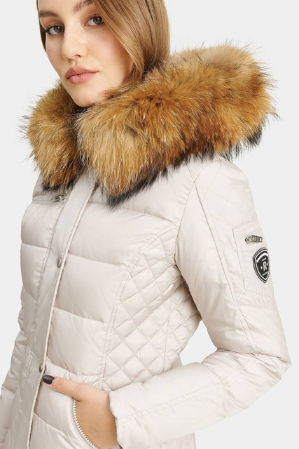 ROCKANDBLUE BEAM BEIGE 90 cm - Damski puchowy płaszcz z kapturem o bardzo wąskim kroju