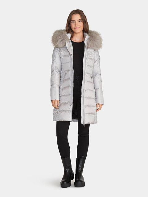 ROCKANDBLUE BEAM SILVER 90 cm - Damski puchowy płaszcz z kapturem o bardzo wąskim kroju