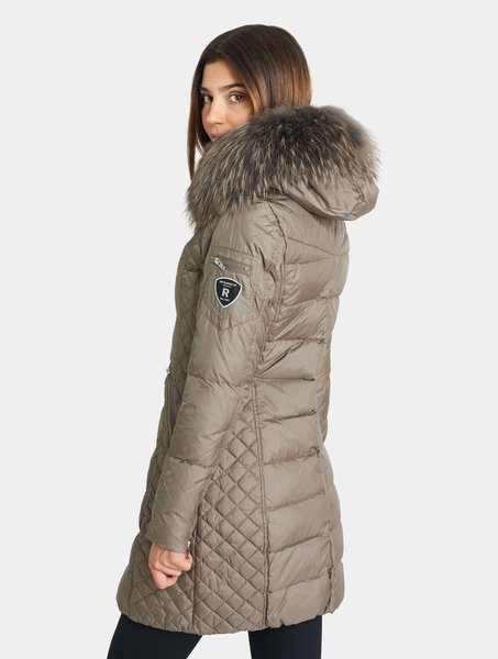 ROCKANDBLUE BEAM MUD 90 cm - Damski puchowy płaszcz z kapturem o bardzo wąskim kroju