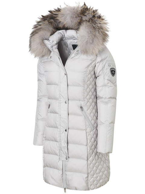ROCKANDBLUE BEAM SILVER 90 cm - Damski puchowy płaszcz z kapturem o bardzo wąskim kroju