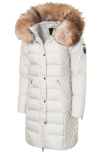 ROCKANDBLUE BEAM BEIGE 90 cm - Damski puchowy płaszcz z kapturem o bardzo wąskim kroju