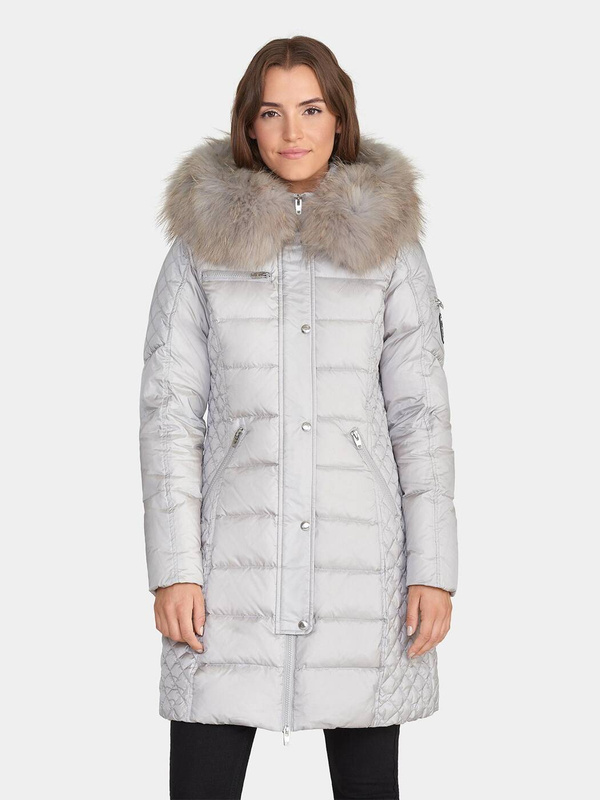 ROCKANDBLUE BEAM SILVER 90 cm - Damski puchowy płaszcz z kapturem o bardzo wąskim kroju