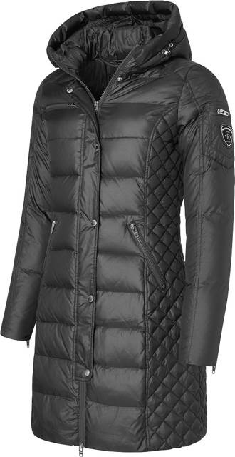 ROCKANDBLUE BEAM BARE Czarny puchowy płaszcz o bardzo wąskim kroju z kapturem bez obszycia