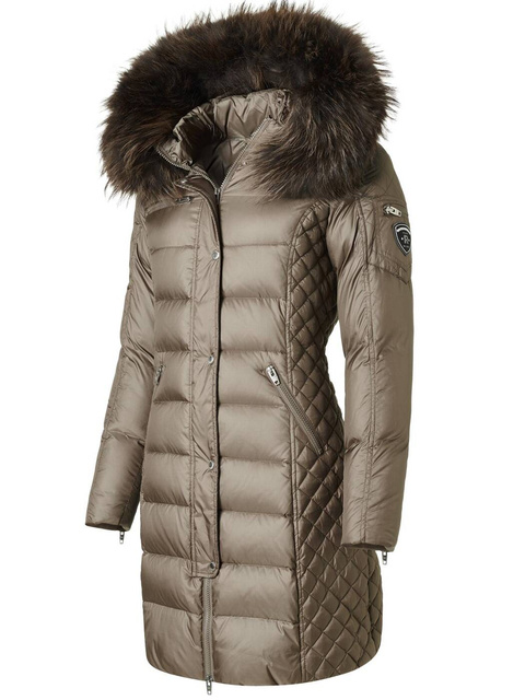 ROCKANDBLUE BEAM MUD 90 cm - Damski puchowy płaszcz z kapturem o bardzo wąskim kroju