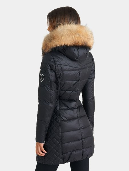 ROCKANDBLUE BEAM BLACK 90 cm - Damski puchowy płaszcz z kapturem o bardzo wąskim kroju