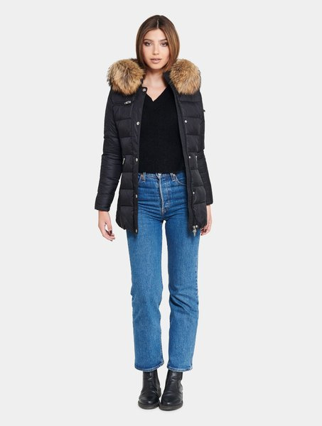 ROCKANDBLUE BEAM MID 75 cm - Kurtka puchowa o bardzo wąskim kroju z kapturem i kołnierzem z futra jenota