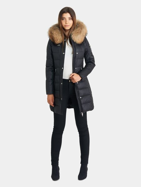 ROCKANDBLUE BEAM BLACK 90 cm - Damski puchowy płaszcz z kapturem o bardzo wąskim kroju